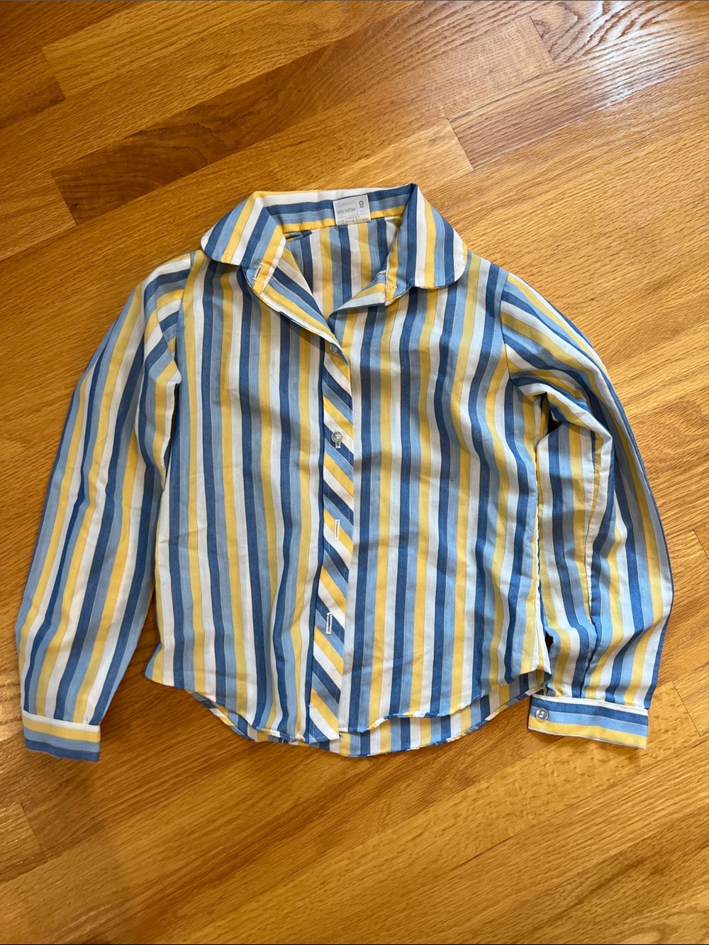 Vintage JCPenneys youth 8 Blue & Yellow Striped Button-Up Shirt